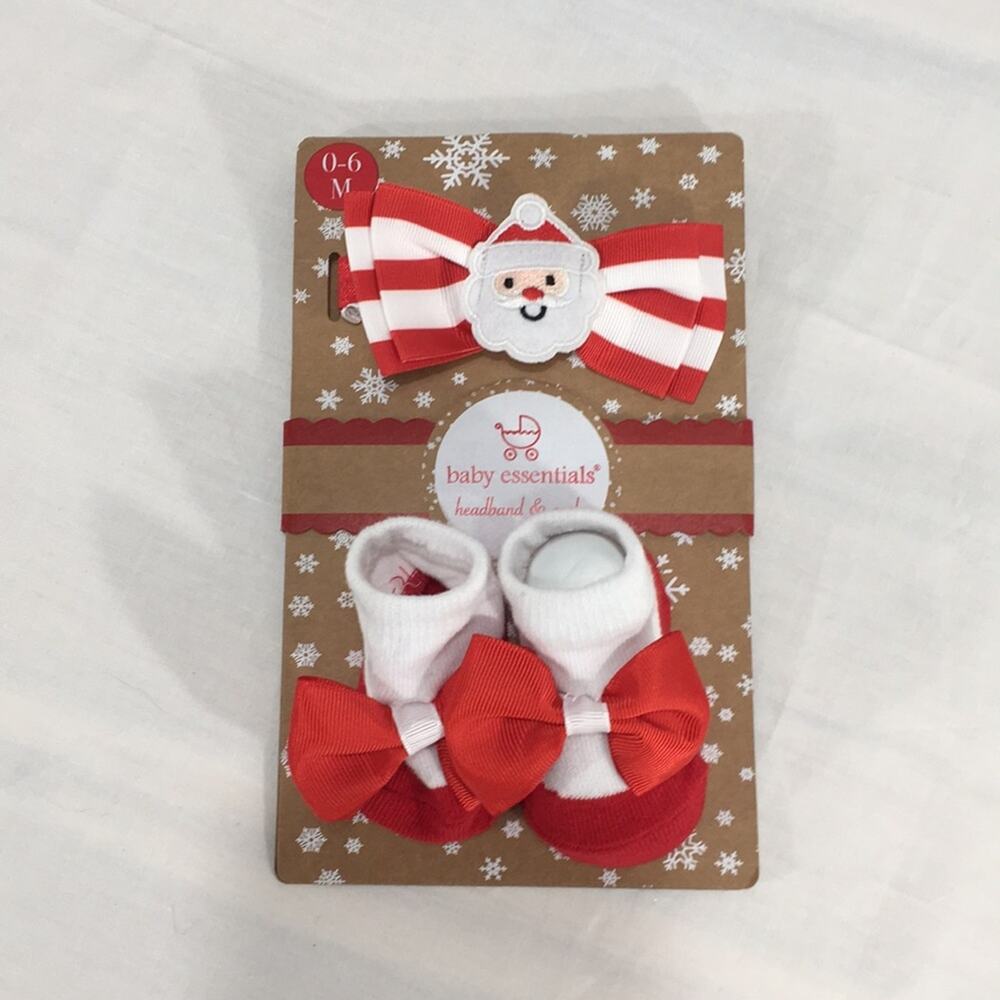 Baby Essentials Santa Headband and Socks Red White Size 0-6 Months